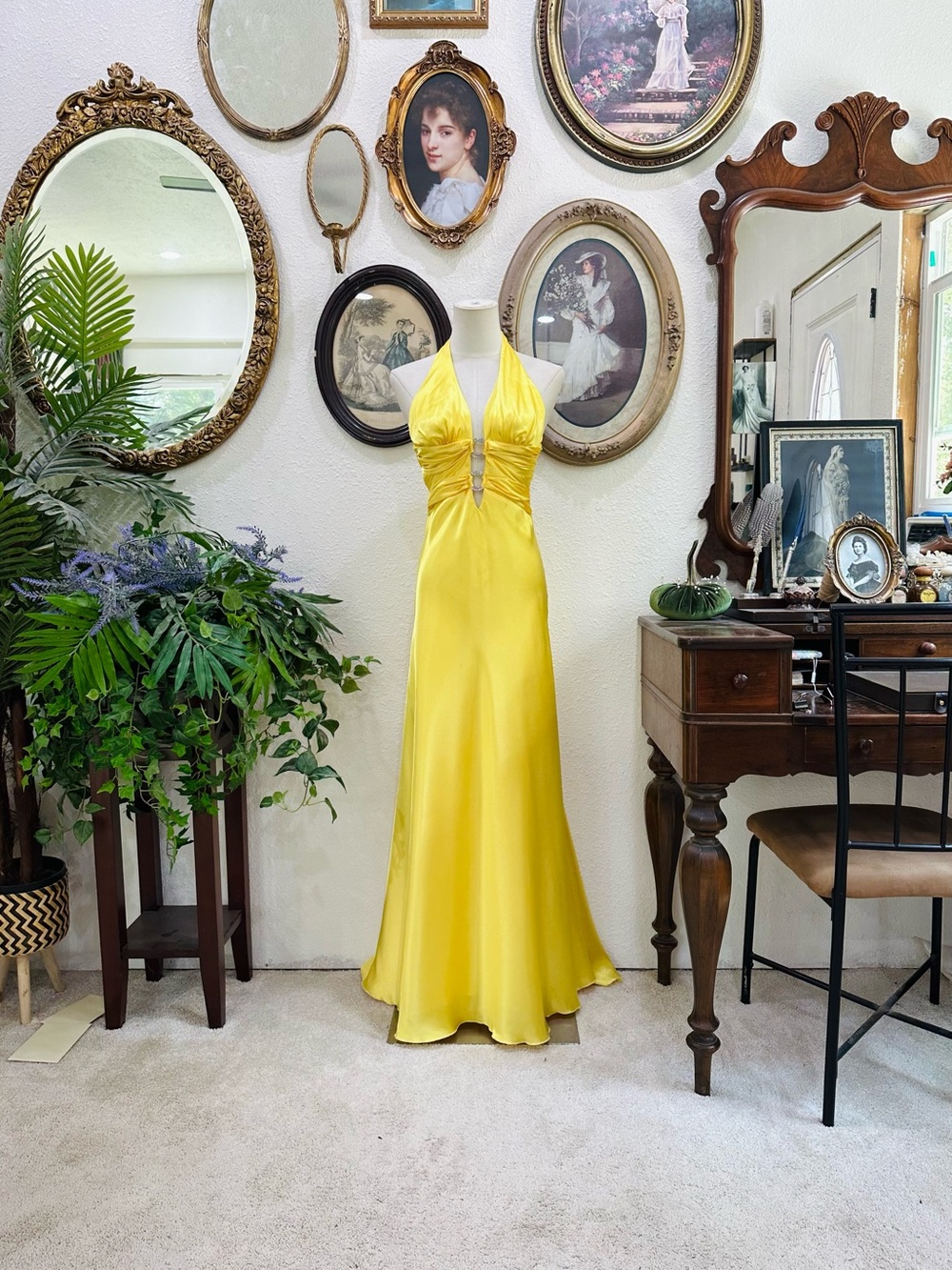 B Darlin Bright Yellow Halter Satin Maxi Dress